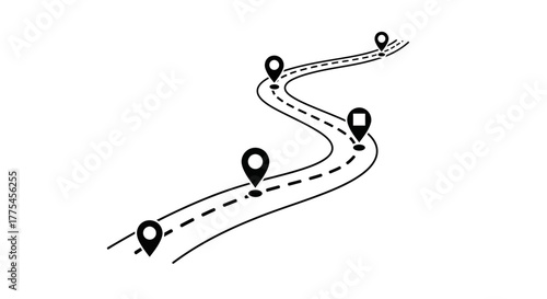 A winding road with map pin markers representing a journey, route planning, or a strategic roadmap with milestones