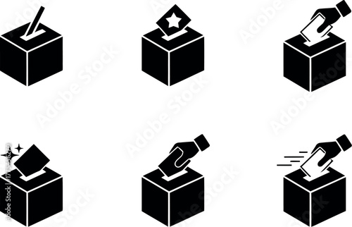 Collection of stylized icons depicting voting and casting ballots into ballot boxes.