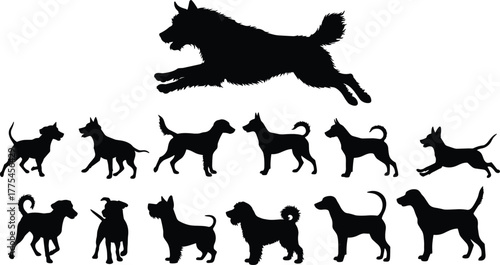 Dog silhouettes collection, twelve breed shapes, diverse canine poses, jumping and sitting profiles, minimalist black vector art for pet design