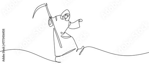 The Grim Reaper holds a single continuous sickle. Minimalist simple linear style. Vector outline illustration Editable stroke.