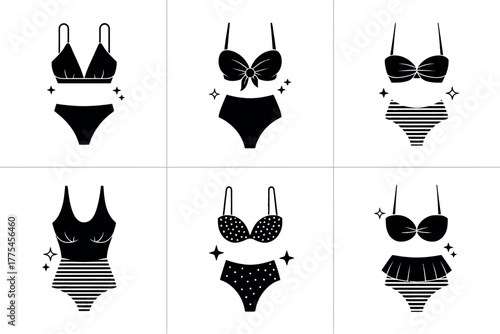 Collection of stylized female swimwear illustrations including bikinis and one-piece swimsuits