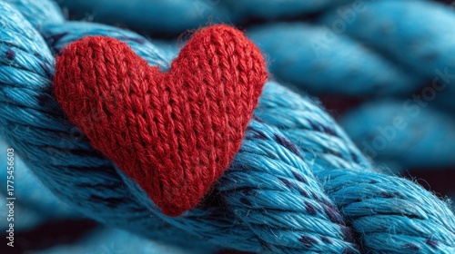 Close up of a red knitted heart on a blue rope for love and connection