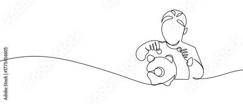 A girl is putting money in a piggy bank, one line continuously. Minimalist simple linear style. Vector outline illustration Editable stroke.