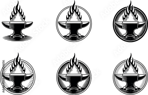 An anvil with flames erupting from its surface, depicted in a circular emblem