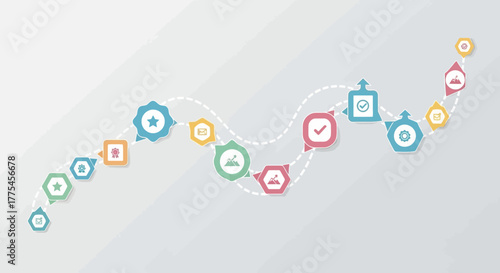 Modern infographic design template featuring a winding timeline with colorful flat icons illustrating a business process, project roadmap, or workflow steps