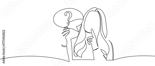 Woman and question mark, one continuous line Minimalist simple linear style. Vector outline illustration Editable stroke.