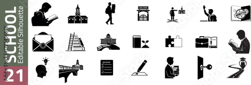 Collection of silhouette illustrations representing education and learning concepts in a school setting