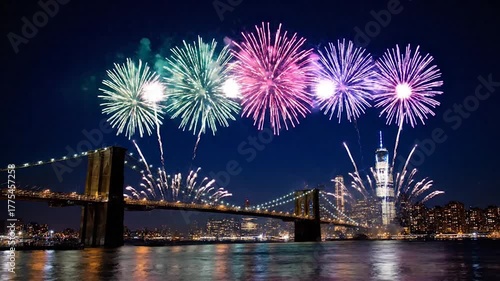 New york city skyline and brooklyn bridge illuminated by vibrant fireworks display at night