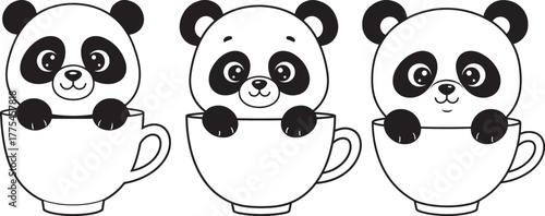 Three adorable panda faces peeking out of white coffee cups silhouette