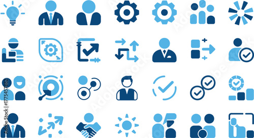 A comprehensive collection of modern flat design icons representing business concepts like teamwork strategy innovation analytics and successful project management in shades of blue and teal