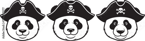Three adorable panda faces wearing pirate hats silhouette