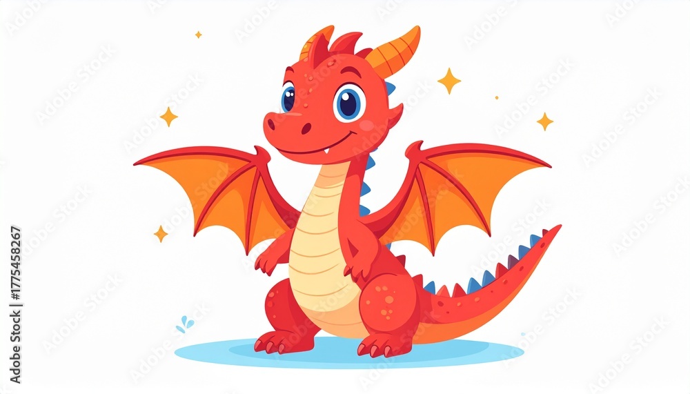 Fototapeta premium Cute cartoon red dragon. Fairy cute dragonfly. Baby fire dragon or dinosaur cute 