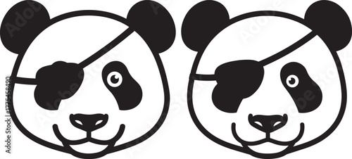 Two adorable panda faces wearing black pirate eye patches silhouette