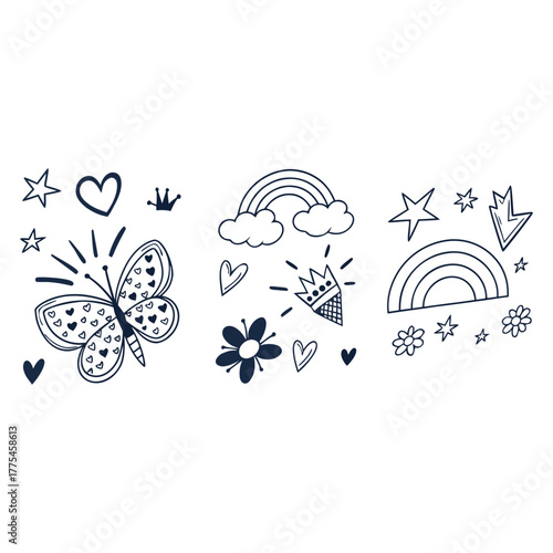 Cute Hand- Drawn Doodles of Butterfly, Rainbow, and Flowers Keywords: doodle, drawing