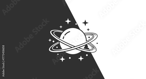 A minimalist black and white illustration of a ringed planet surrounded by stars on a diagonally split background.