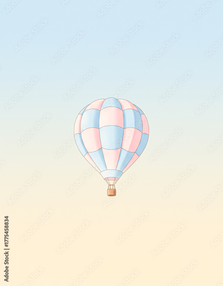 Fototapeta premium A colorful hot air balloon floats gently against a pastel sky, creating a serene and whimsical atmosphere.