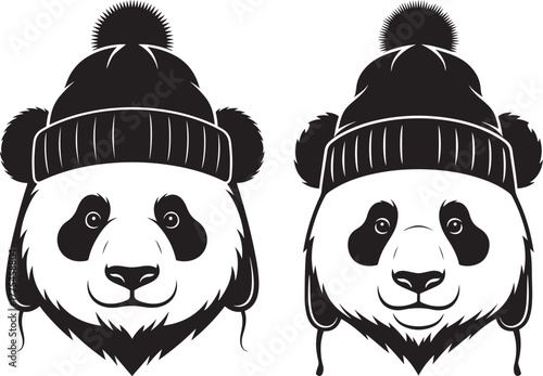 Two adorable panda faces wearing cozy winter beanies silhouette