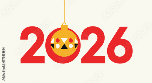 Festive New Year 2026 graphic with a hanging Christmas bauble ornament replacing the zero.