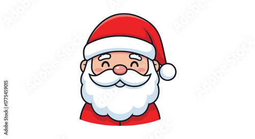 Cartoon illustration of Santa Claus with a red hat and a white beard, smiling against a white background.