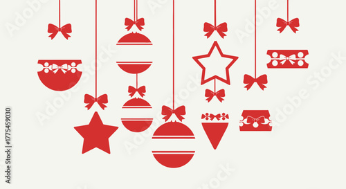 Red Christmas ornaments, including stars, balls, and gift boxes, hanging from strings with bows on a light background.