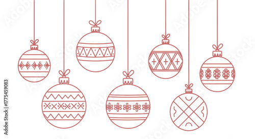 A collection of seven Christmas ornaments hanging with various geometric patterns, depicted in a minimalist line art style.