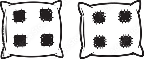 Two cartoonish pillows with stitched patches in a simple silhouette style
