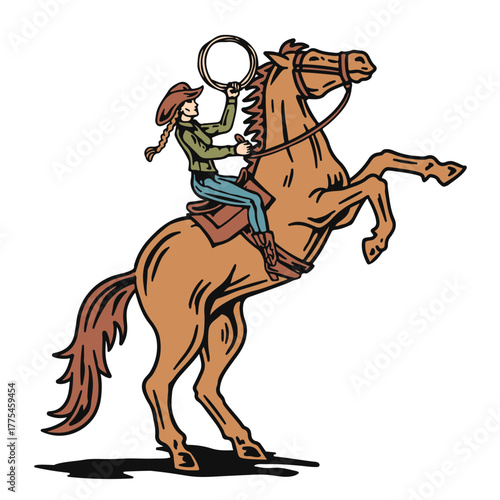 Retro-style cowgirl riding a horse. Perfect for western, rodeo, or women-in-west-themed designs.