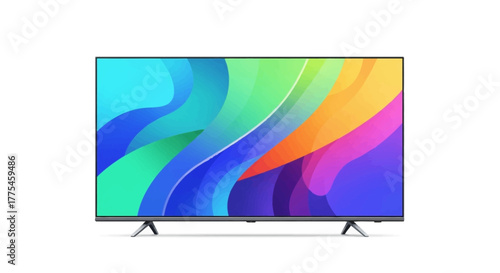 A large flat-screen television displaying a vibrant abstract screen with colorful wavy patterns on a white background.