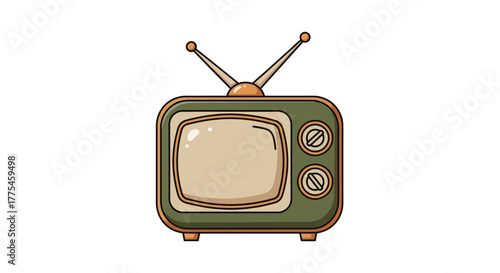 Illustration of a vintage television set with antennae on a plain white background in a cartoon style with dominant green and beige colors.