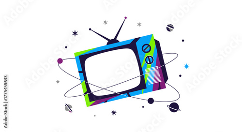 Colorful illustration of a vintage television surrounded by swirling lines, stars, and planets against a white background with a playful and nostalgic mood.