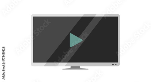 A close-up shot of a modern flat-screen television with a play button on the screen against a white background.