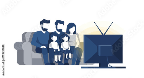 Flat illustration of a family watching television together on a couch in a living room with a warm color scheme.