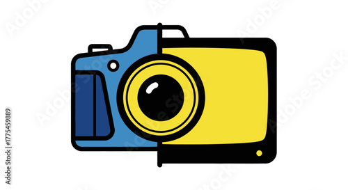 Colorful illustration of a camera with blue and yellow halves on a white background.