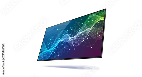 A large, tilted screen displays a vibrant, multicolored abstract design with swirling lines and dots against a clean white background.