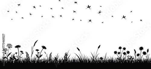 Dragonfly Silhouette Meadow, Wildflower Grasses, Flying Dragonflies, Black and White Nature Scene, Insect Wings, Botanical Silhouettes, Serene Vector Art