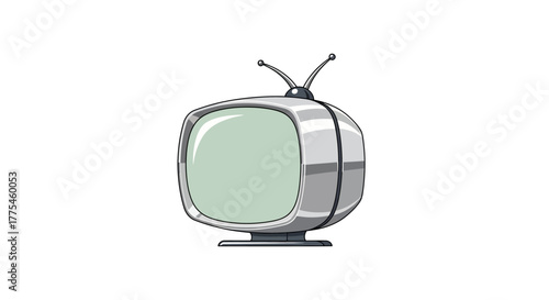 A silver vintage television with antennae and a light green screen on a plain white background.