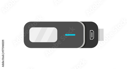 Flat lay of a sleek, dark gray portable charger with a blue light indicator and USB connector on a clean white background.