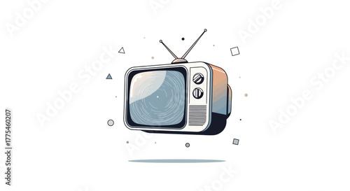 Illustration of a vintage television set with antennae and decorative geometric shapes on a white background.