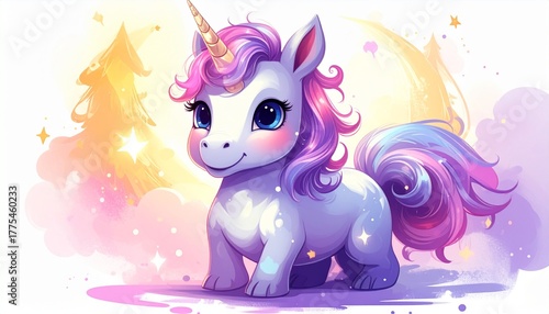Cute cartoon character happy magic unicorn on white
