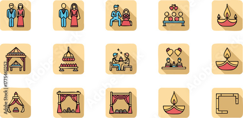 Indian Wedding Ceremony Flat Design Icon Set with Long Shadow.