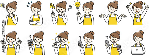 Housewife with Apron Illustration Set: Woman Using Calculator, Laptop, Magnifying Glass, and Showing Idea, Doubt, and Success Poses