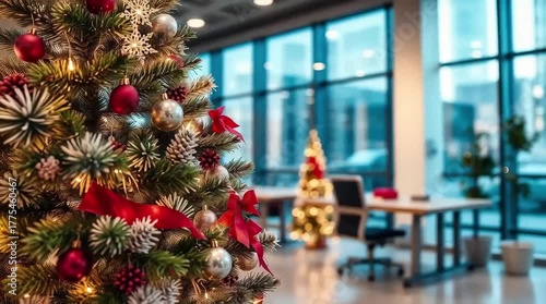 Festive Christmas tree in a modern office