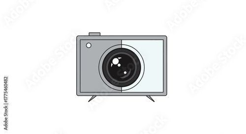 A gray digital camera with a large lens and small viewfinder on a white background in a simple line drawing style.