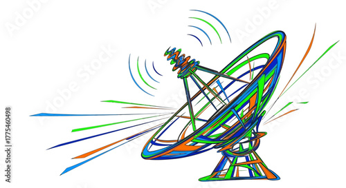 A colorful illustration of a satellite dish with dynamic multicolored lines radiating from it on a white background.