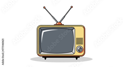 Vintage television set with antennae on a white background, illustration of a classic retro TV with a yellow and orange color scheme.