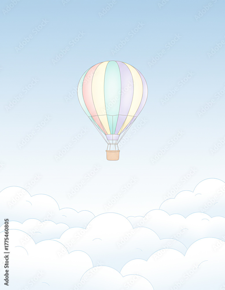 Fototapeta premium A colorful hot air balloon floats above fluffy clouds in a clear blue sky, creating a serene and whimsical scene.