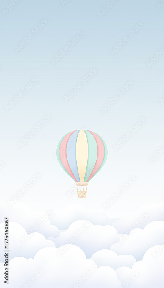 Fototapeta premium A colorful hot air balloon floats above fluffy white clouds in a serene blue sky.