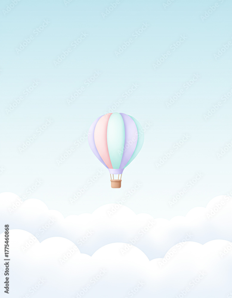 Naklejka premium A colorful hot air balloon floats above fluffy clouds against a serene blue sky, evoking a sense of freedom and adventure.
