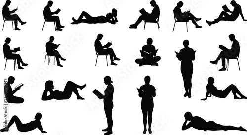 Eighteen Diverse Reading Silhouettes, People Relaxing with Books in Various Poses, Sitting, Standing, Reclining, Lying Down, Leisurely Study Scenes and Comfortable