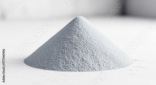 A close-up of a conical pile of gray industrial powder. Raw material for 3D printing and additive manufacturing. Materials science and technology concept on a white background